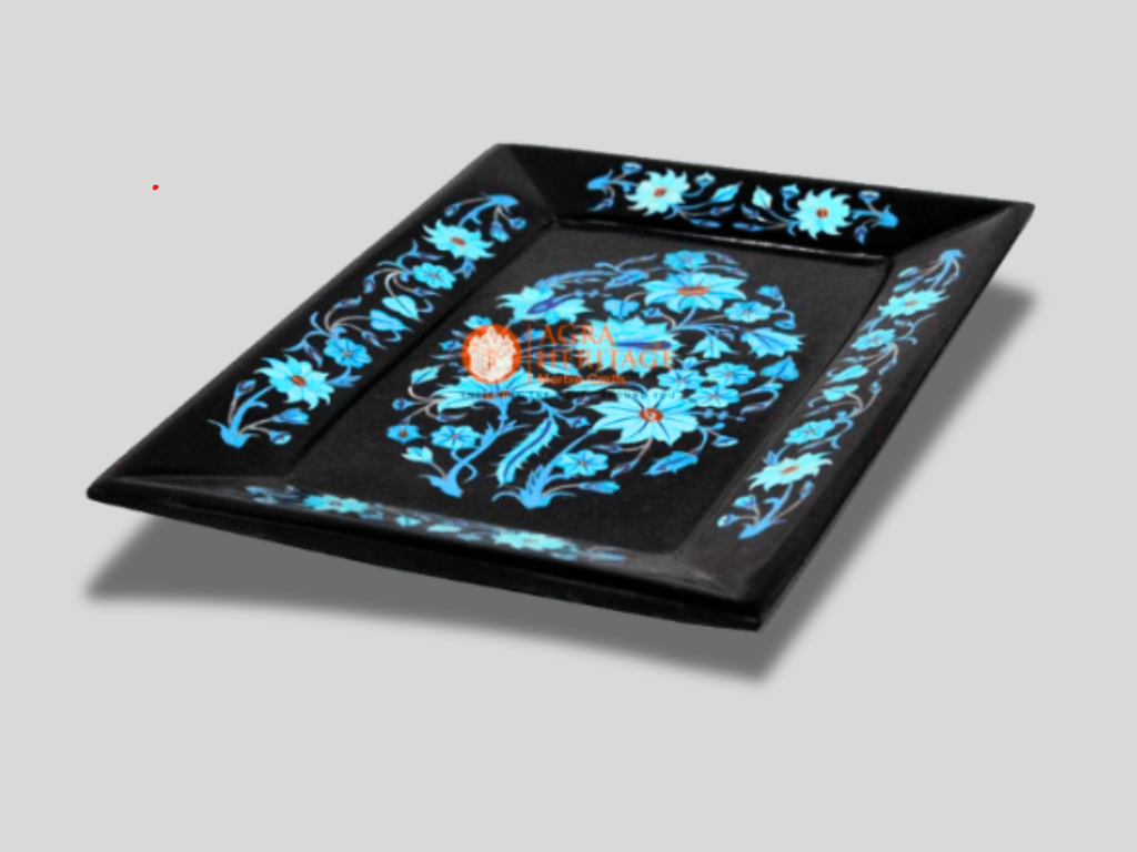 Black Marble Turquoise inlay Floral Art Dish Plate